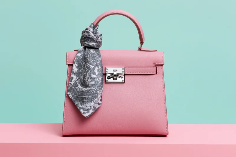 Pink leather top-handle handbag with silver clasp and paisley scarf on pastel platform