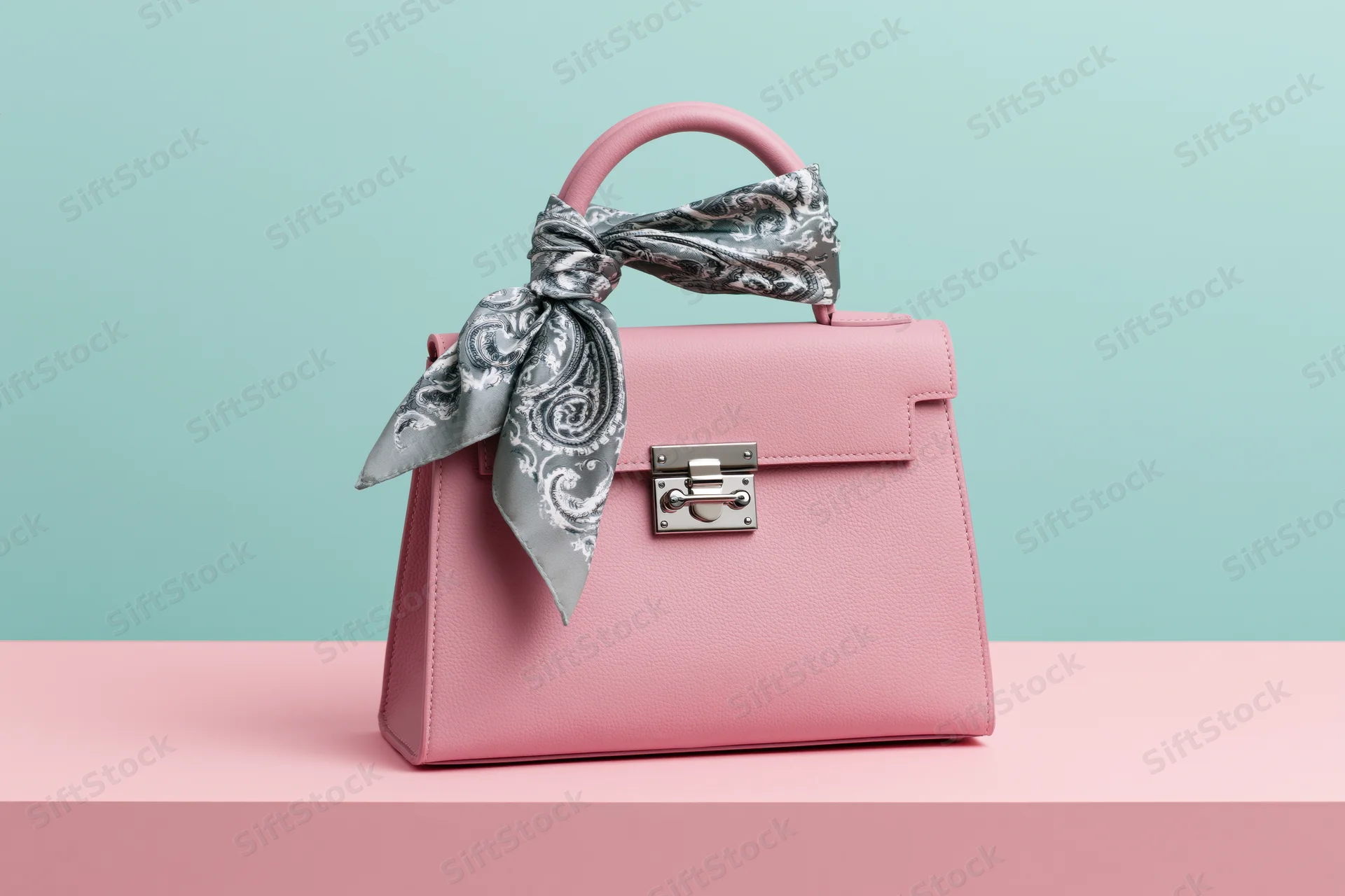 Pink leather handbag with silver clasp and patterned scarf on pastel surface