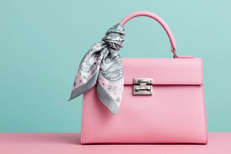 Pink leather top-handle handbag with silver clasp and patterned scarf on pastel background