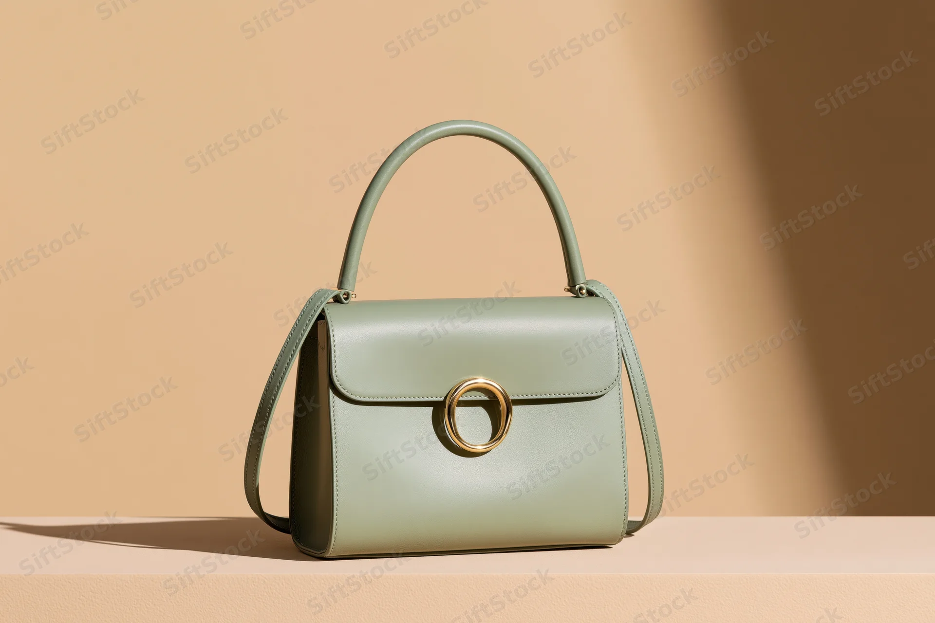 Sage green leather handbag standing upright on a beige surface with soft shadow and copyspace