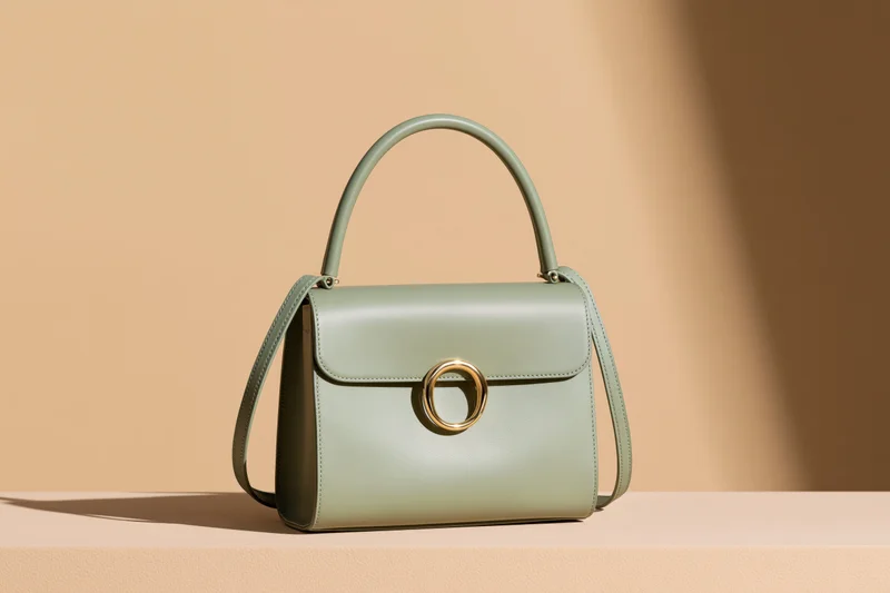 Sage green leather handbag standing upright on a beige surface with soft shadow and copyspace
