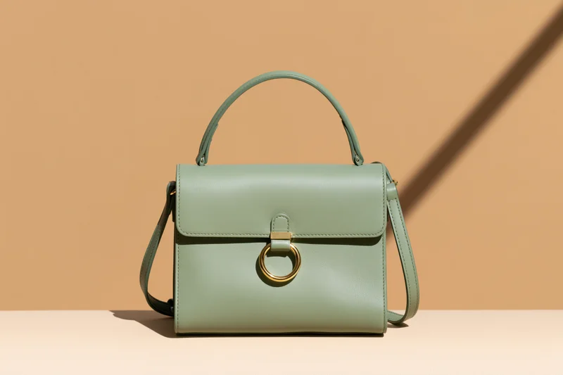 Sage green leather handbag standing upright on a beige surface with shadow detail