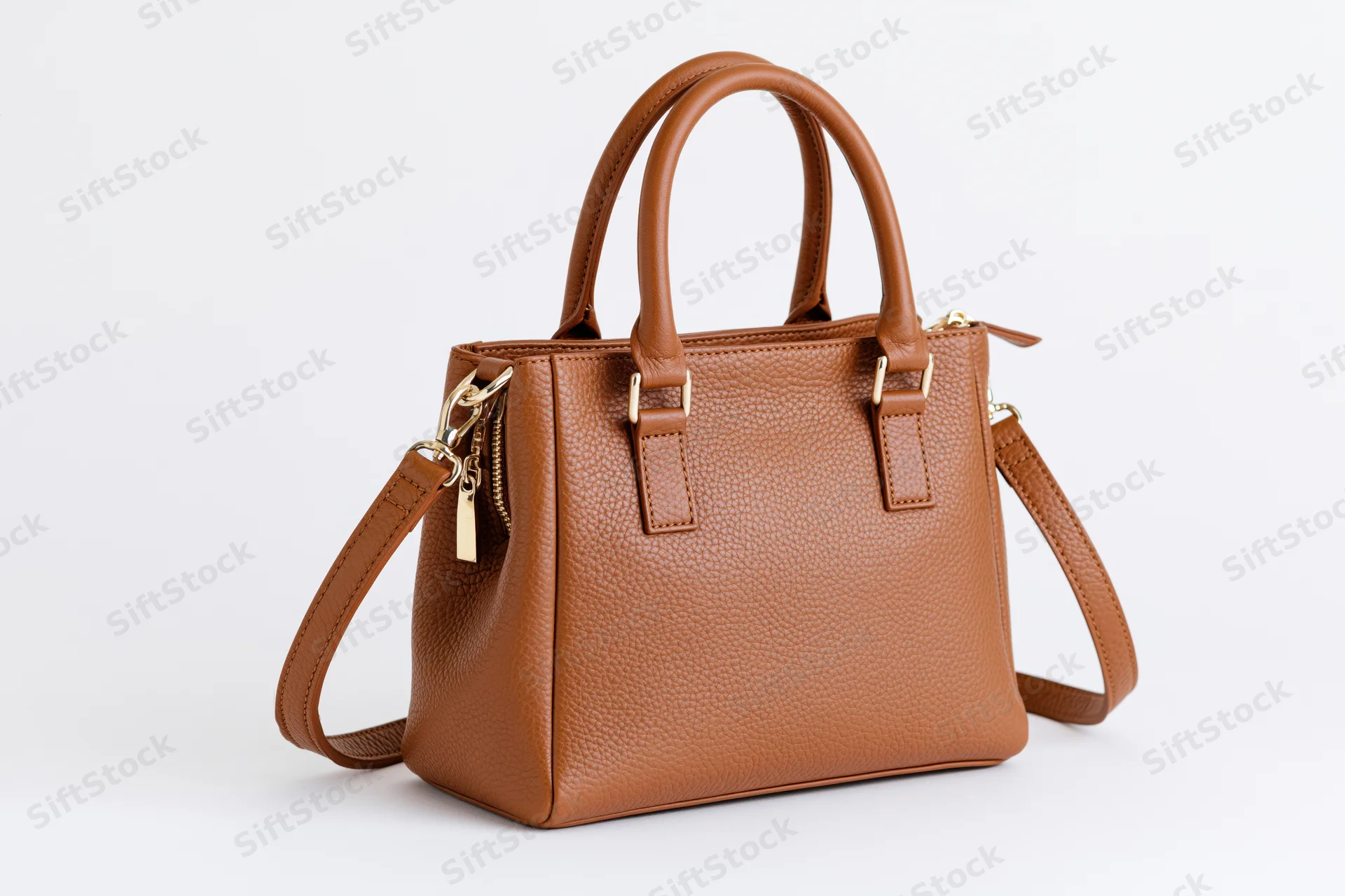 Structured tan leather handbag with dual top handles and shoulder strap on white background
