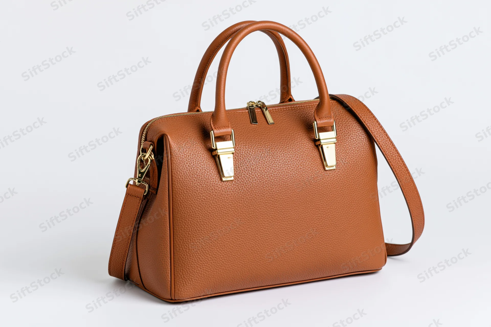 Structured tan-brown leather handbag with dual top handles on white background