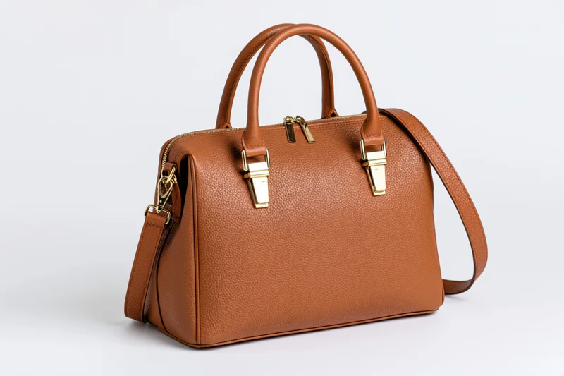 Structured tan-brown leather handbag with dual top handles on white background
