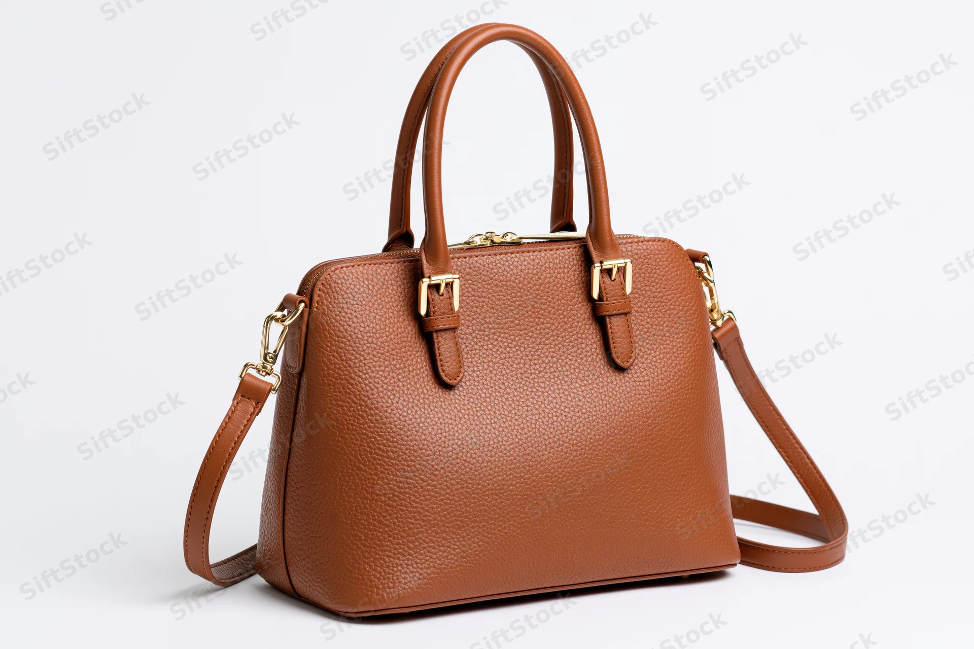 Structured tan-brown leather handbag with dual top handles on white background