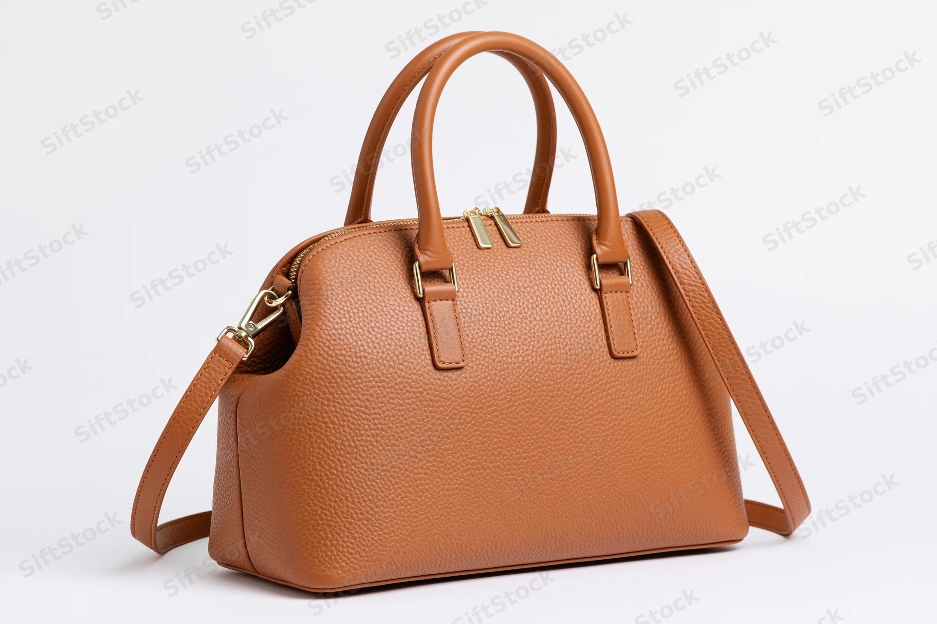 Structured tan leather handbag with dual top handles and shoulder strap on white background