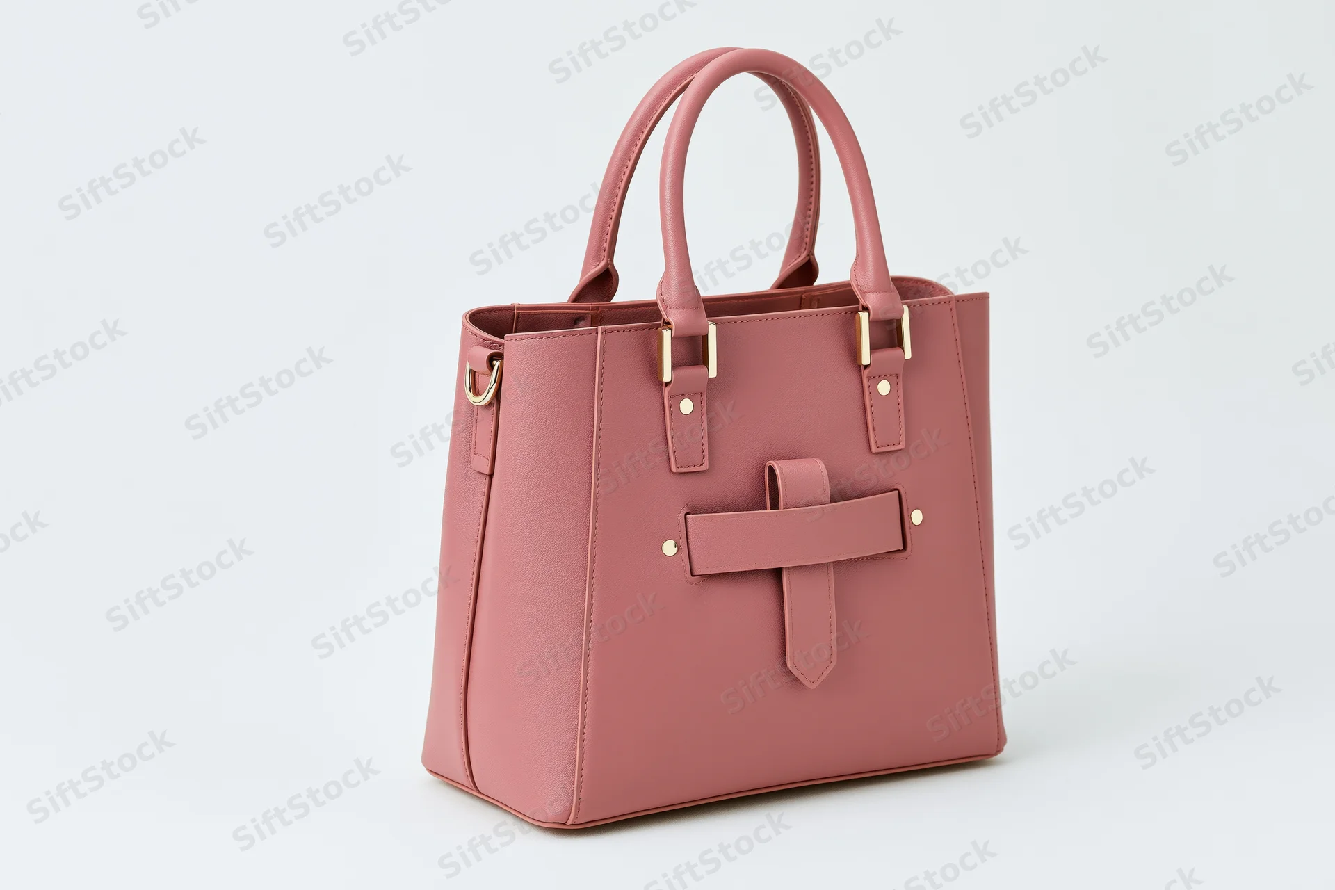 Structured pink leather tote handbag with dual top handles on white background