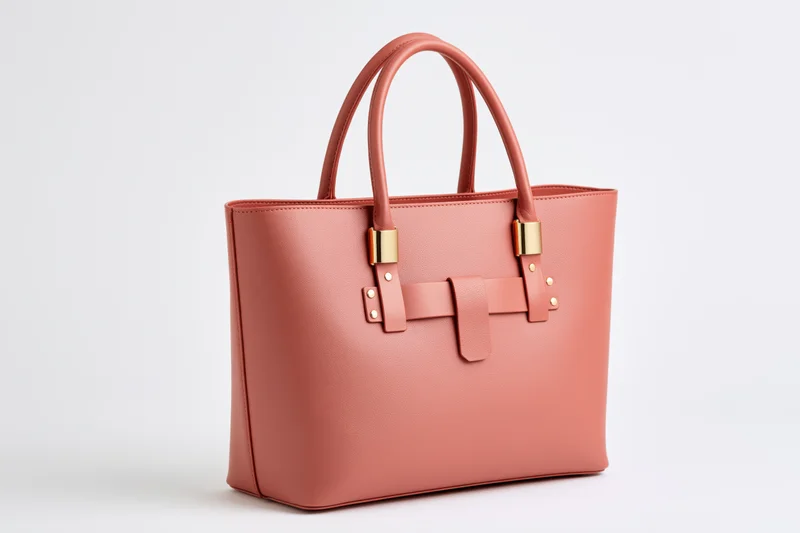 Structured pink leather tote handbag with dual top handles on white background