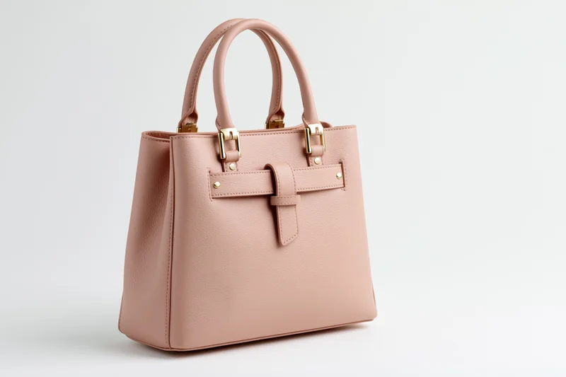 Structured pink leather tote handbag with dual top handles on white background