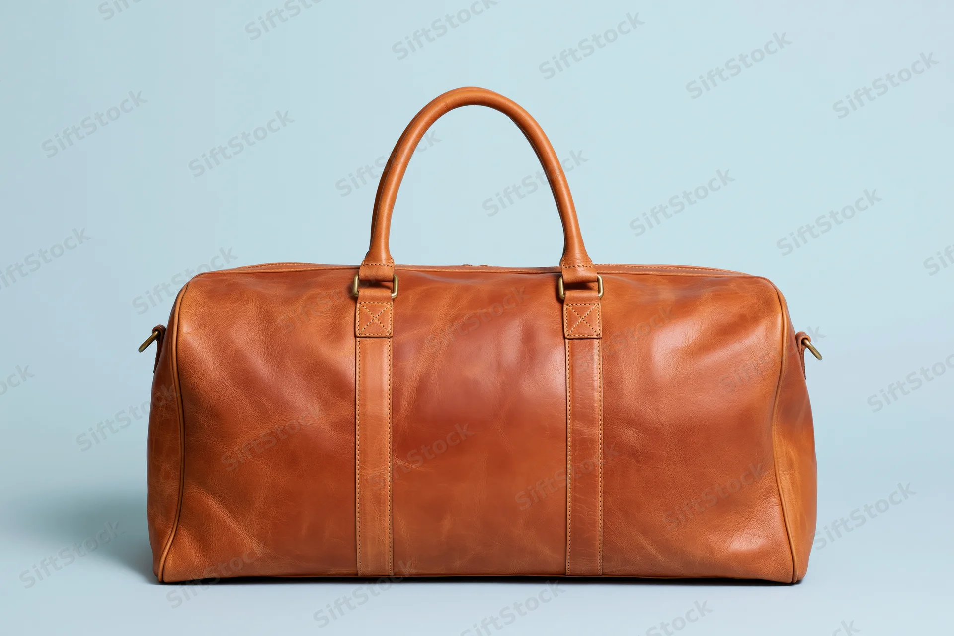Tan leather duffle bag centered on pale blue background with soft shadow