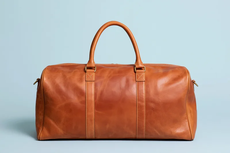 Tan leather duffle bag centered on pale blue background with soft shadow