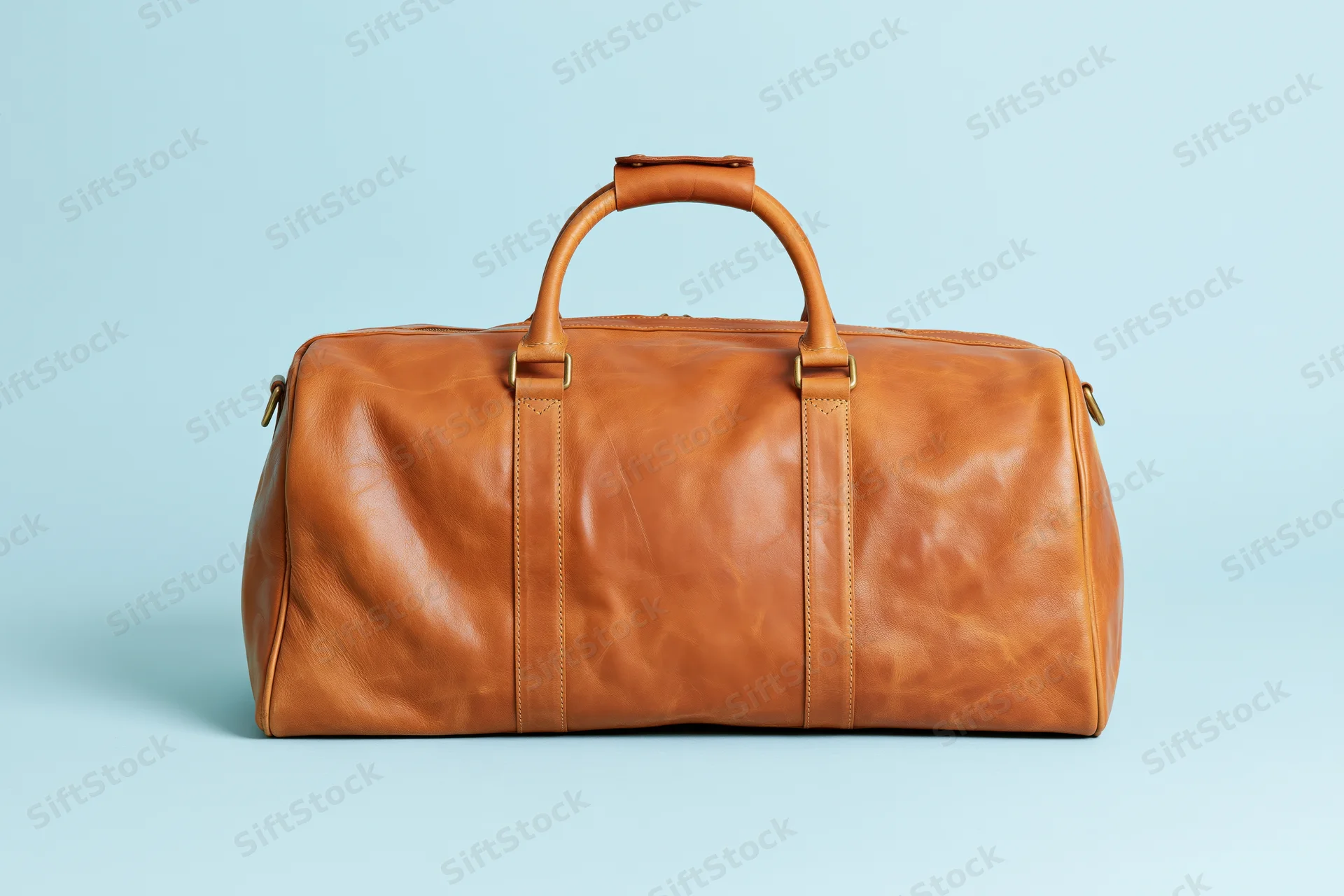Tan leather duffle bag centered on a pale blue background