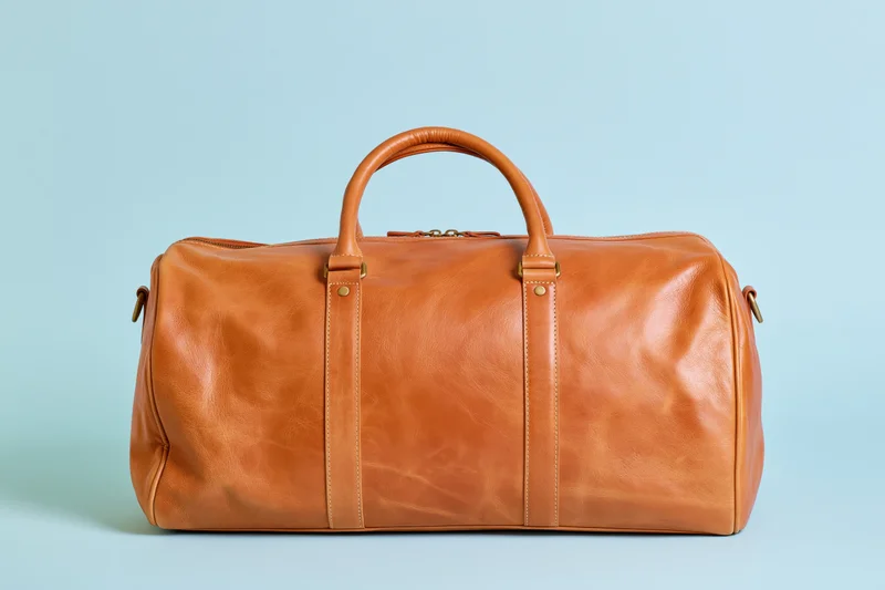 Tan leather duffle bag centered on pale blue background