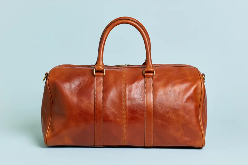 Brown leather duffle bag centered on pale blue background