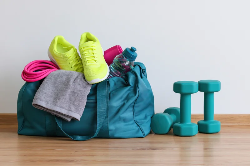 Teal gym bag overflowing with neon yellow sneakers, dumbbells, towel and water bottle on wooden floor