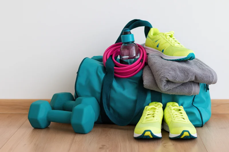 Teal gym bag overflowing with workout gear including neon yellow sneakers, dumbbells, resistance band and towel on wooden floor