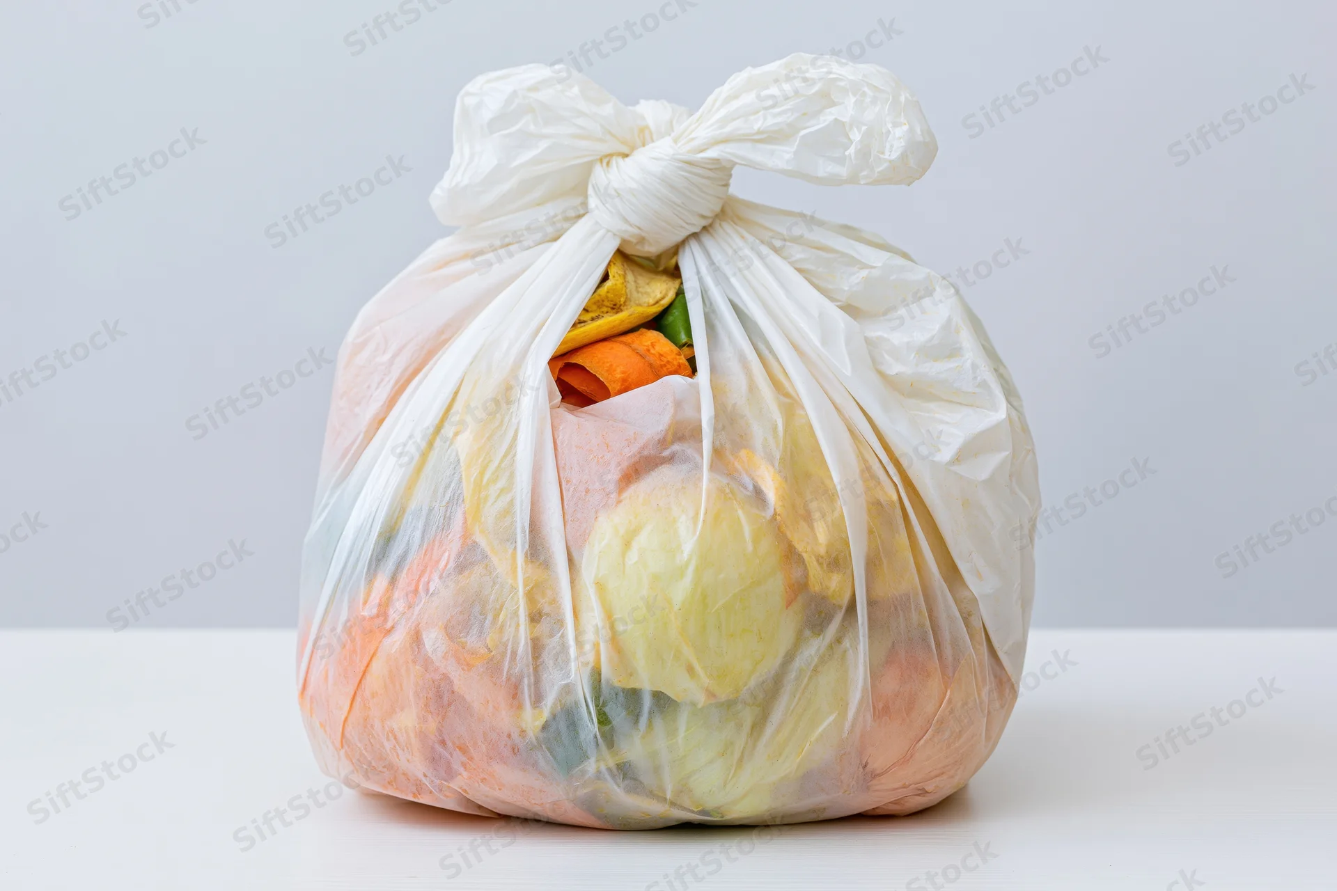Tied white plastic bag filled with vegetable scraps and food waste on a white surface