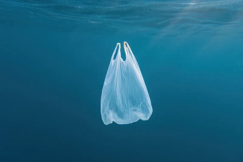 Translucent white plastic bag drifting underwater in the ocean