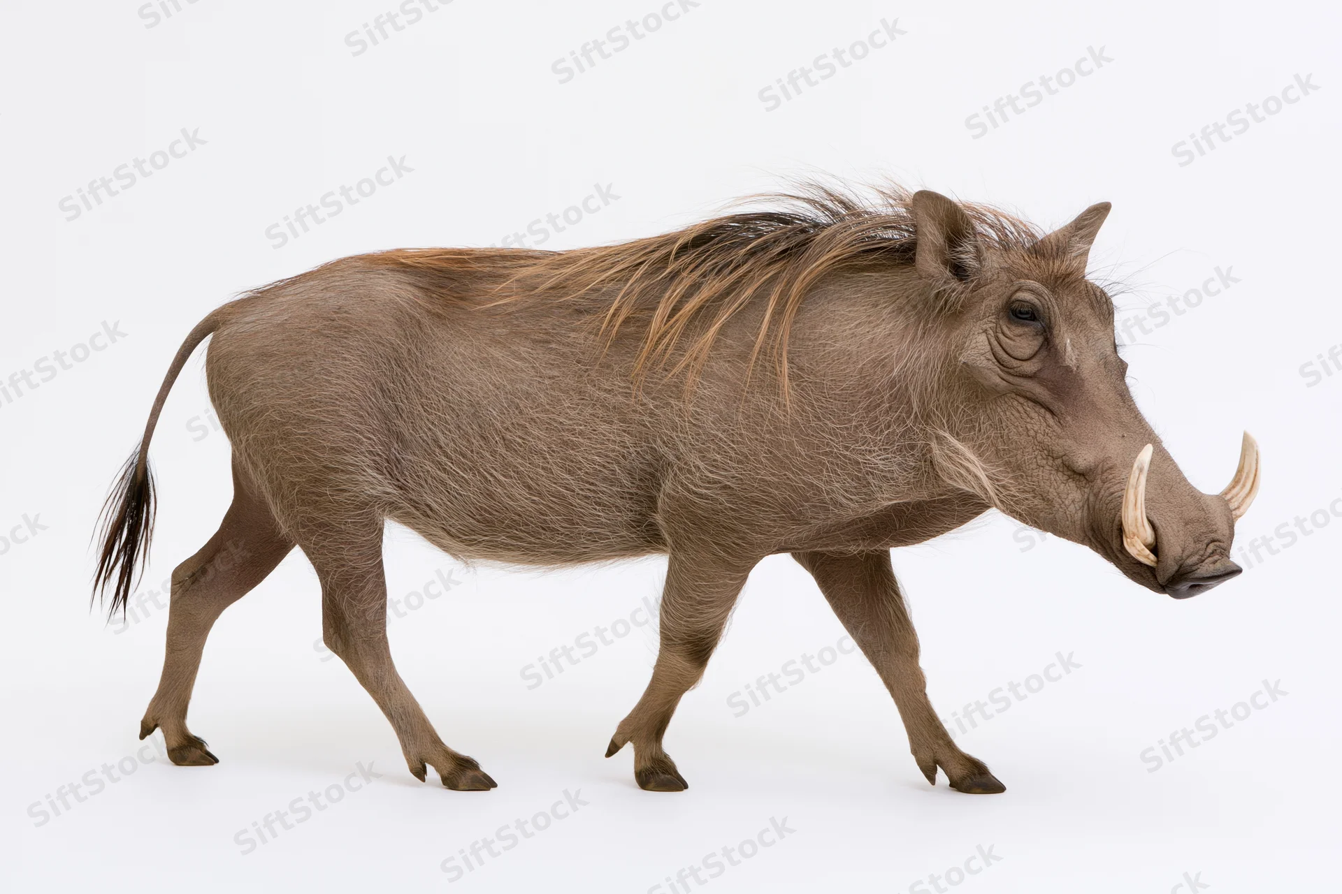 Warthog walking in profile with head lowered against white background