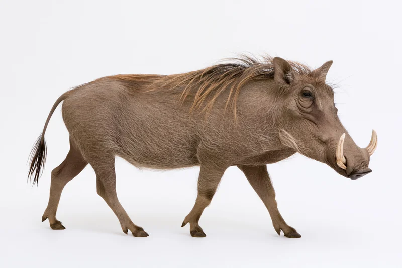 Warthog walking in profile with head lowered against white background