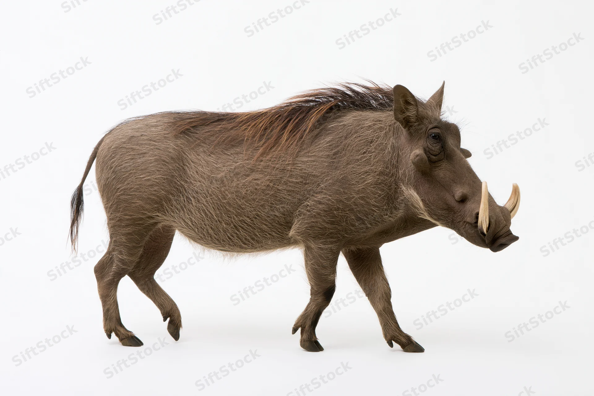 Warthog walking in profile view with head slightly lowered on white background