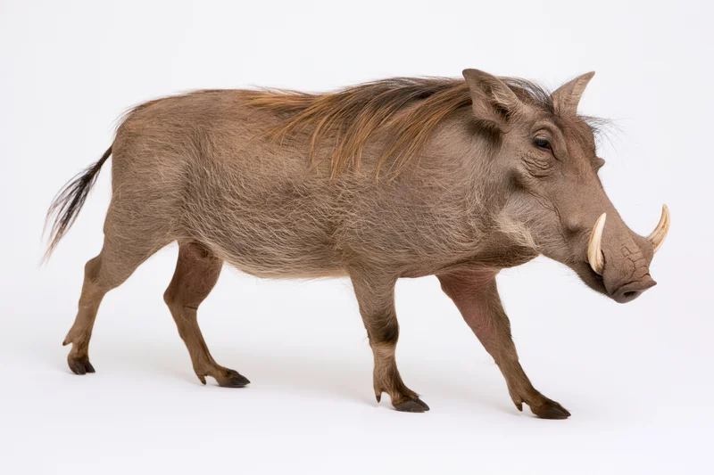 Warthog walking in profile view against white background