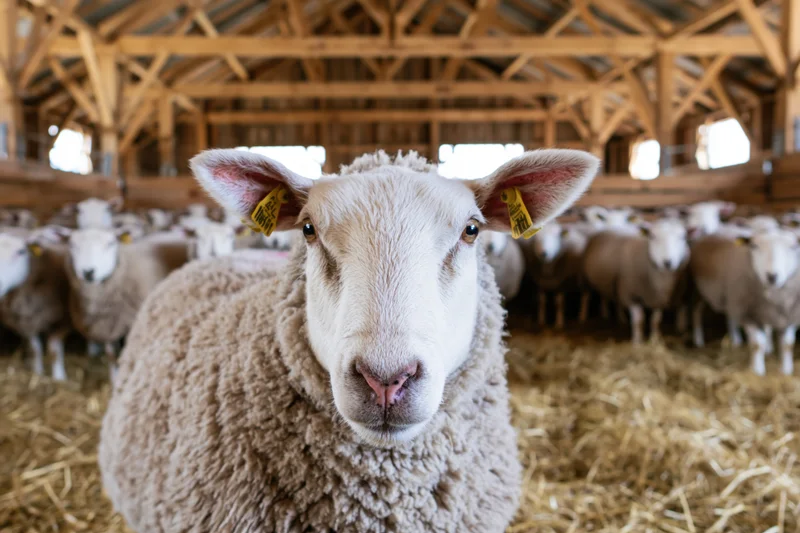 White-faced sheep with yellow ear tags staring directly at camera in barn filled with flock on straw bedding