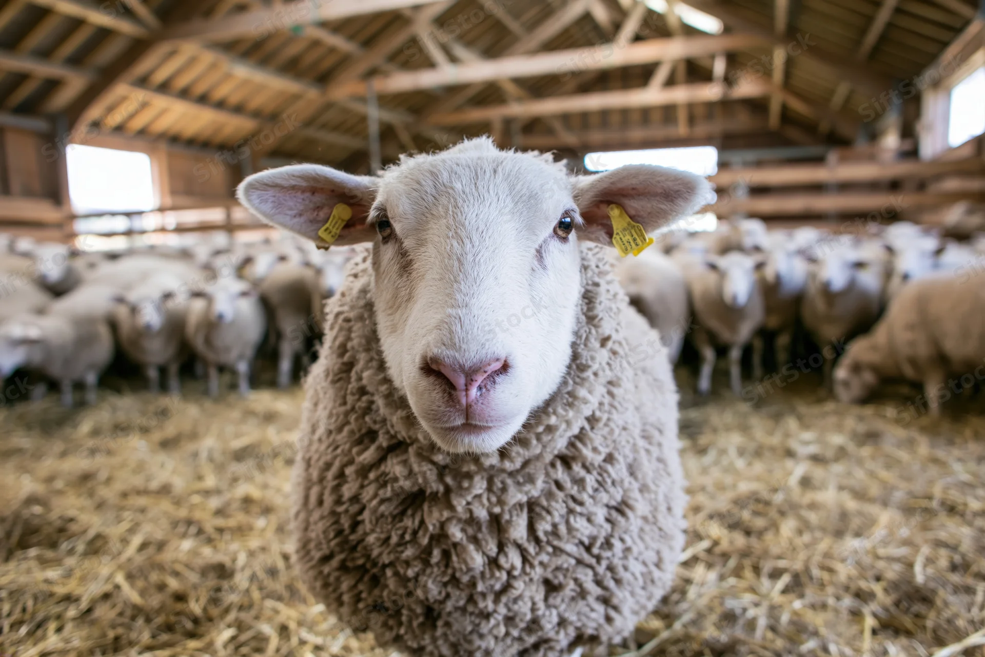 White-faced sheep with yellow ear tags standing in a barn filled with hay and other sheep