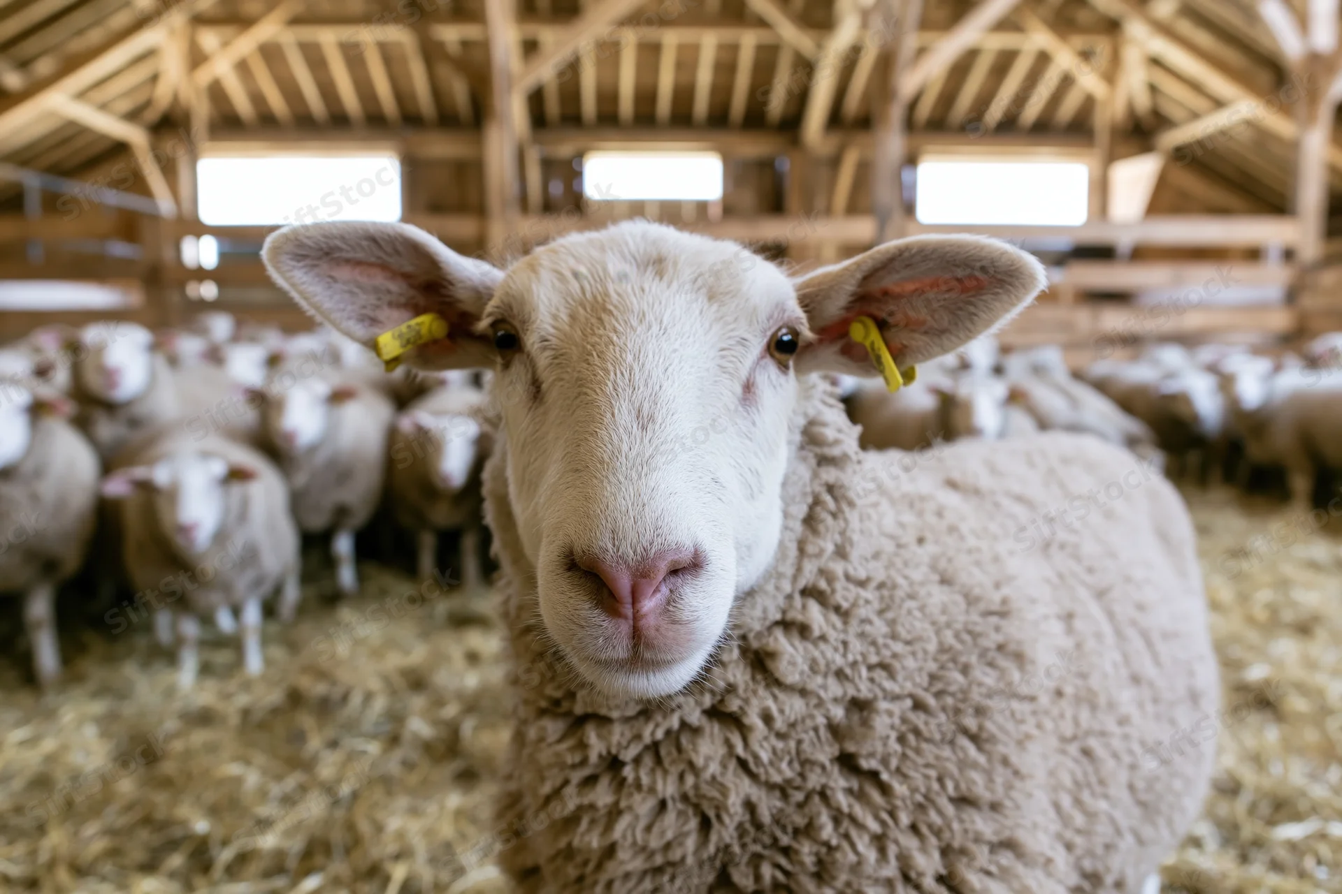 White-faced sheep with yellow ear tags staring directly at camera in a barn filled with flock on hay floor
