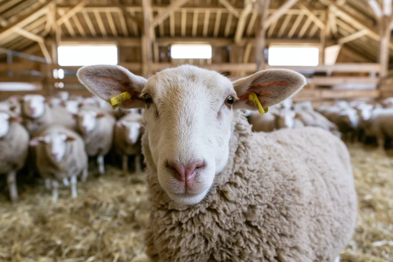 White-faced sheep with yellow ear tags staring directly at camera in a barn filled with flock on hay floor