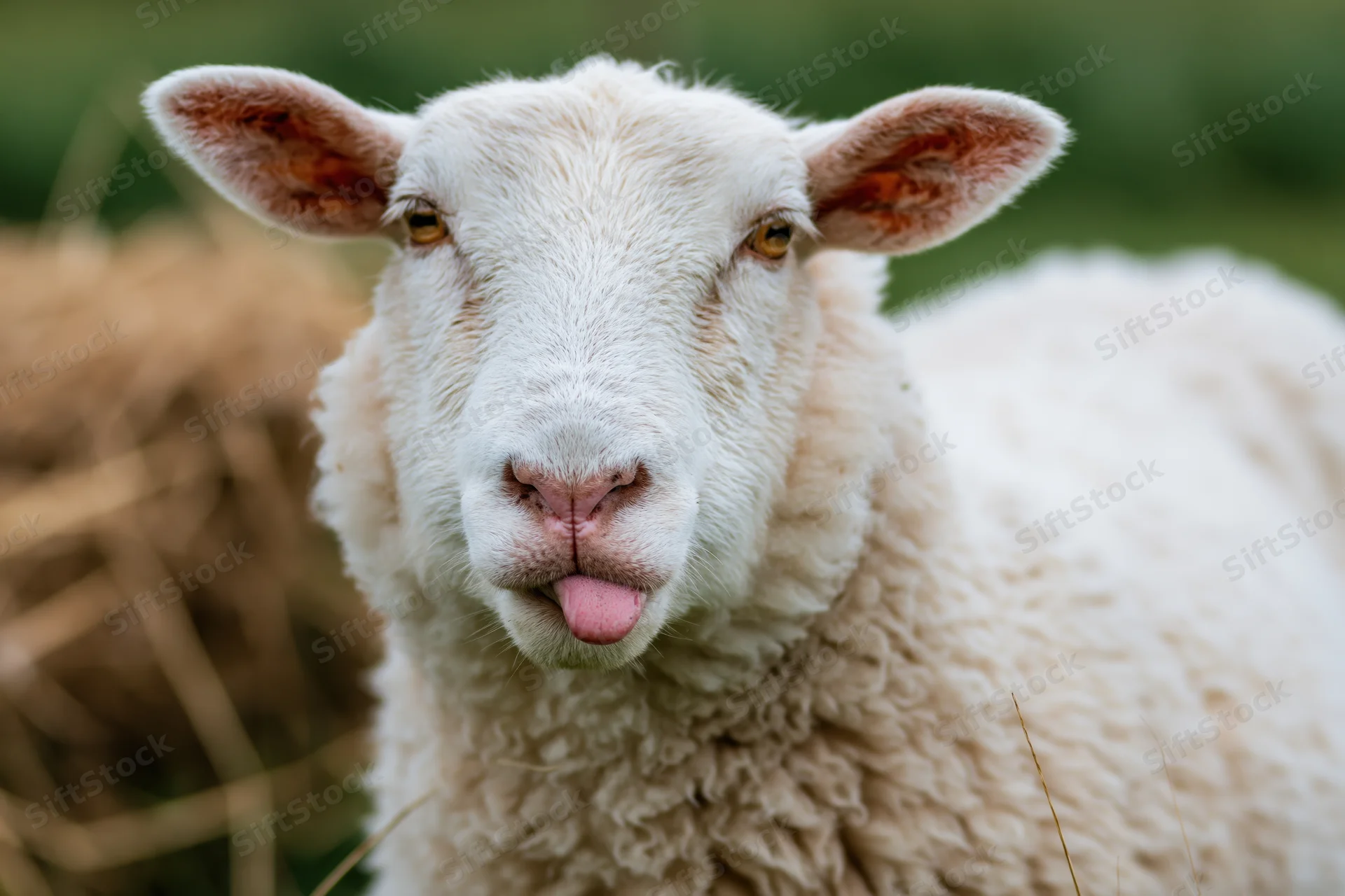 White sheep sticking tongue out in close-up portrait on pasture