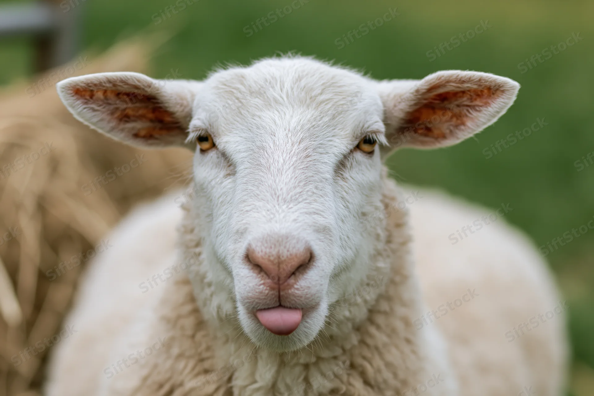 White sheep sticking tongue out looking directly at camera in grassy field