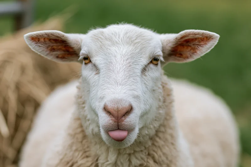 White sheep sticking tongue out looking directly at camera in grassy field