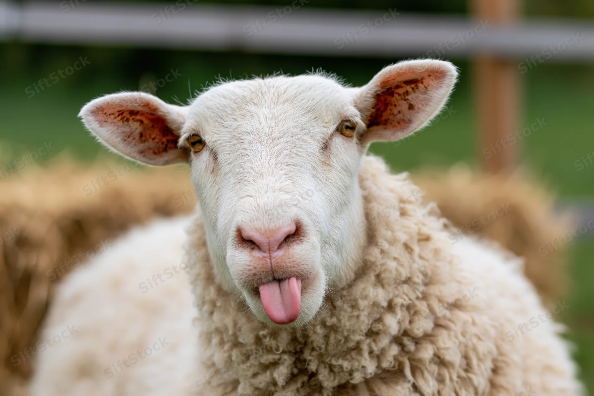 White sheep sticking tongue out in pasture near fence