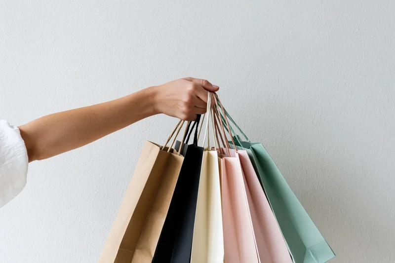 Woman’s arm holding multiple colorful shopping bags against a plain white wall