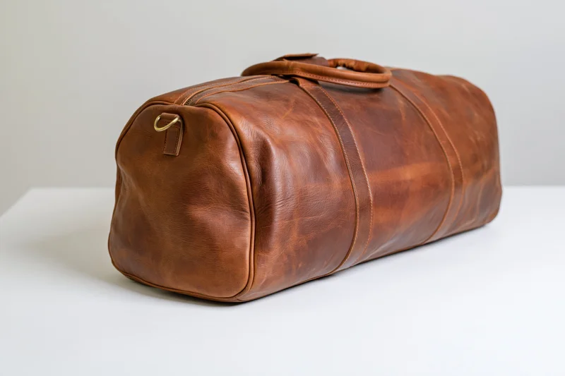 Brown leather duffle bag resting on white surface