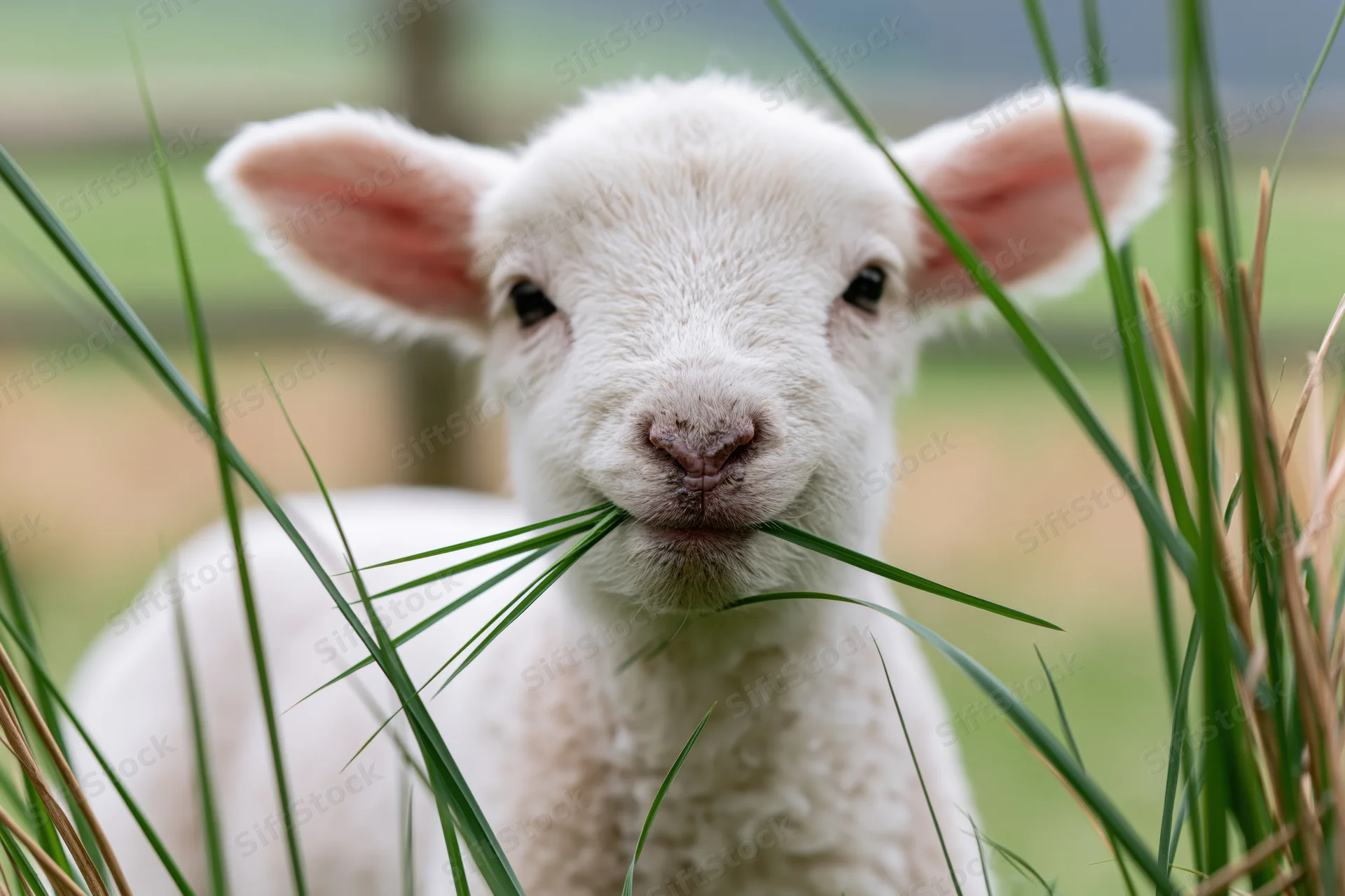 Young white lamb chewing grass in a green pasture