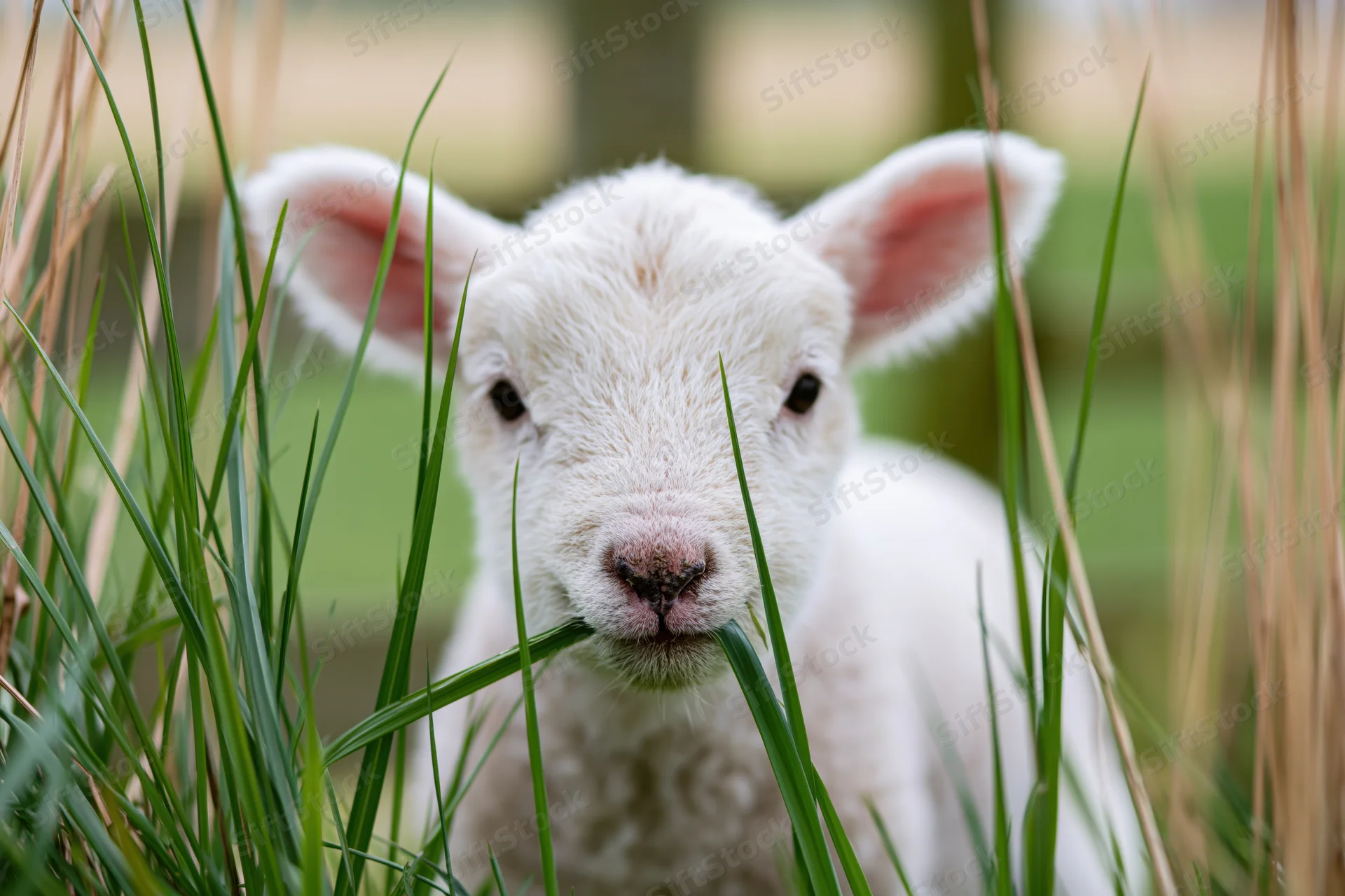 Young white lamb chewing grass in a green pasture