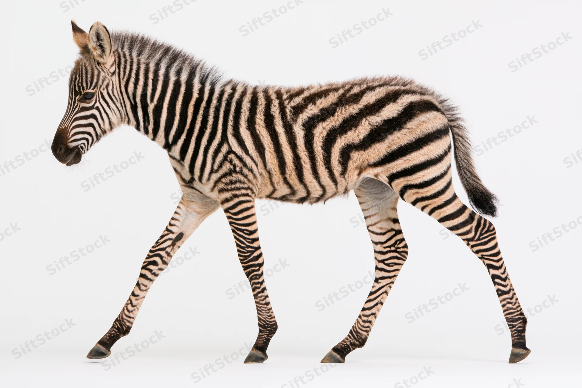 Young zebra walking in profile mid-stride full body view isolated on white background