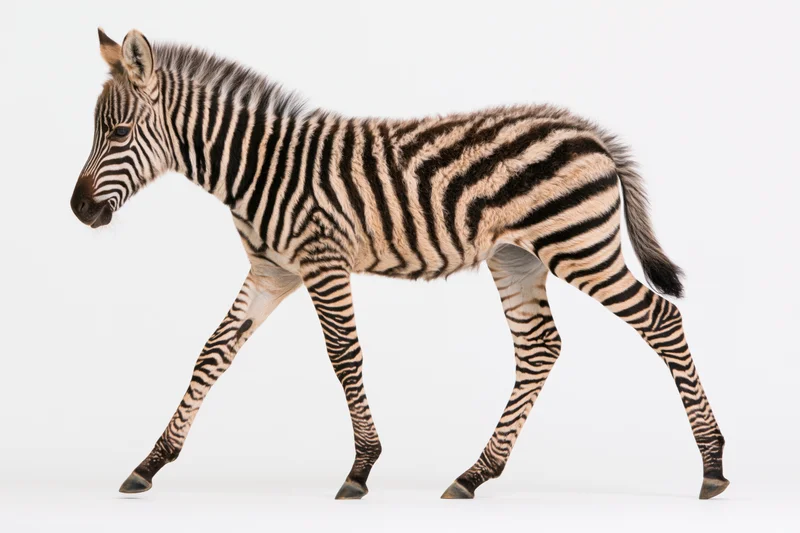 Young zebra walking in profile mid-stride full body view isolated on white background