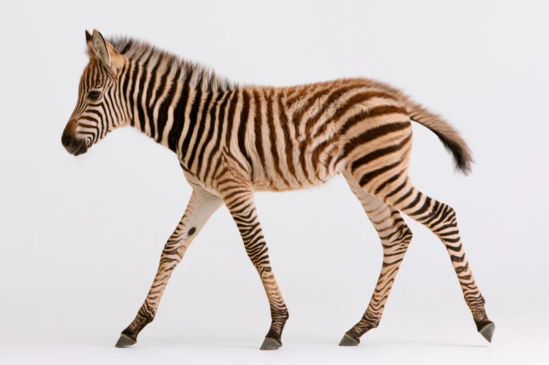 Young zebra walking in profile mid-stride full body view against white background