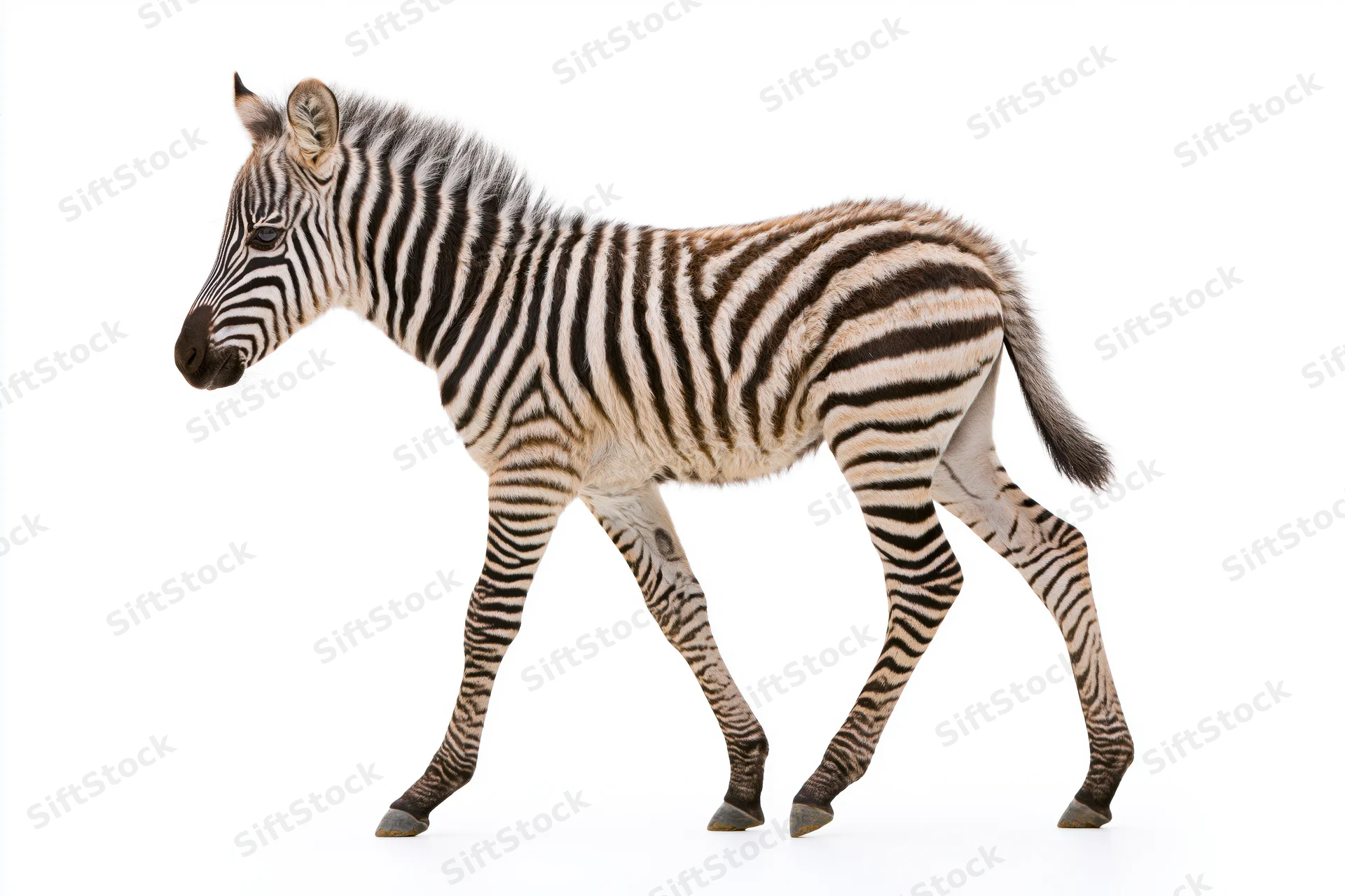 Young zebra walking in profile mid-stride full body view isolated on white background