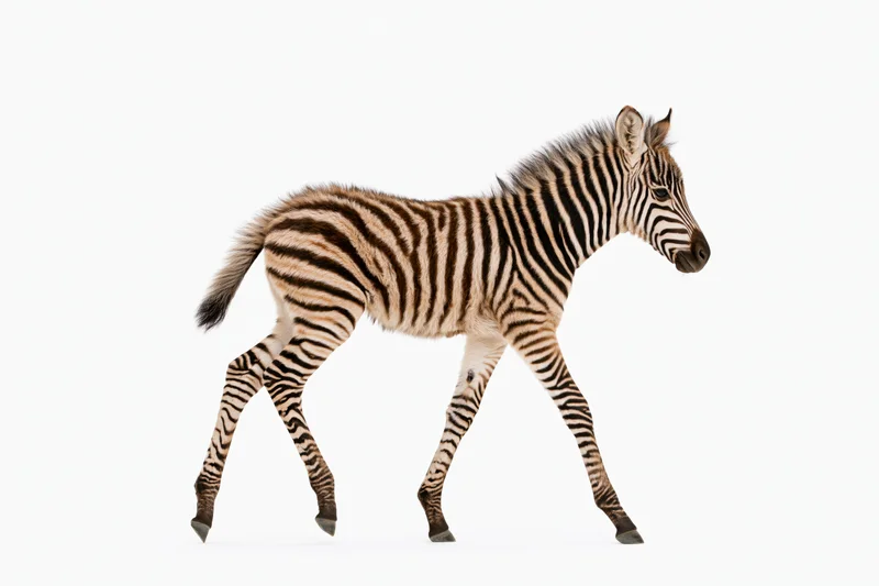 Young zebra walking in profile mid-stride full body view isolated on white background