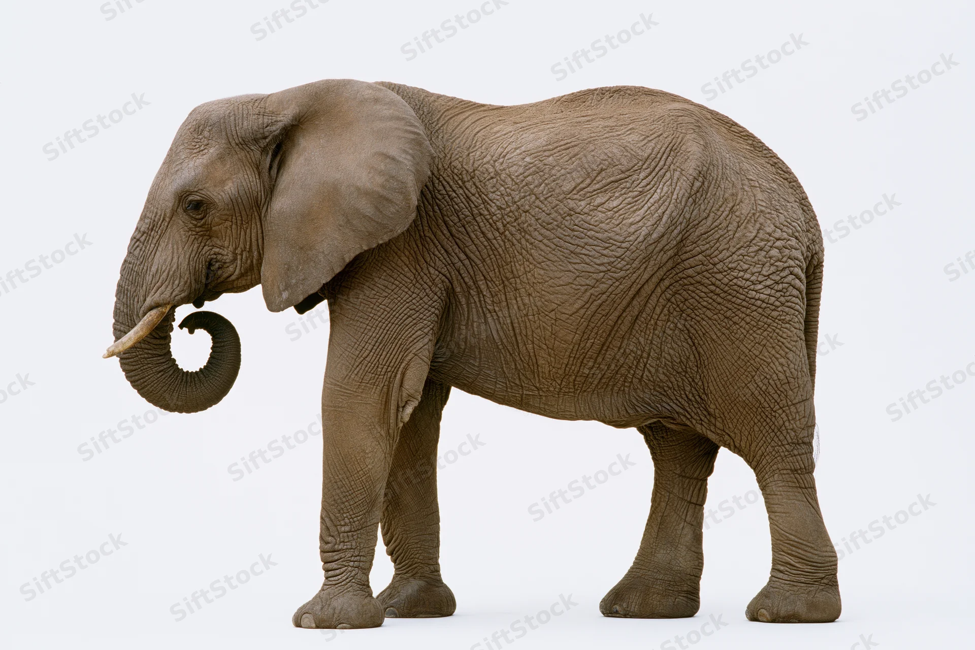 Adult african elephant standing in profile with trunk curled upward on white background