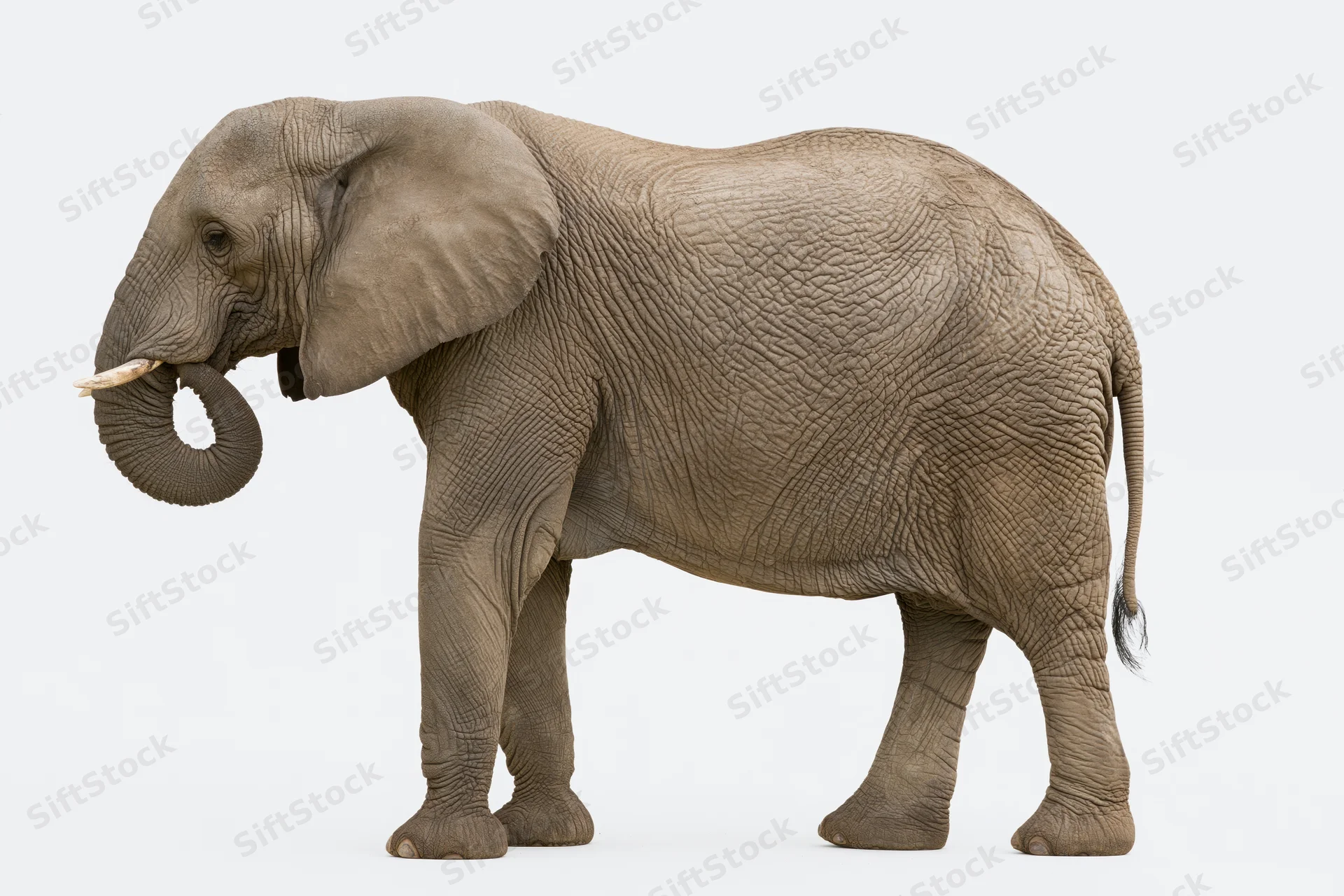 Adult african elephant standing in profile with trunk curled upward on white background