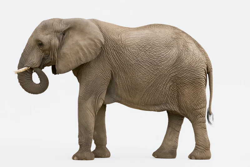Adult african elephant standing in profile with trunk curled upward on white background