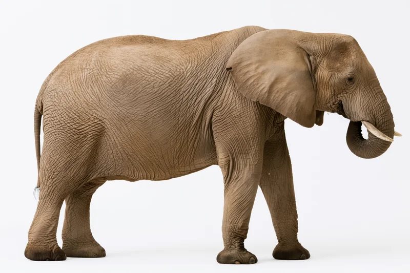 Adult african elephant standing in profile with trunk curled upward against white background