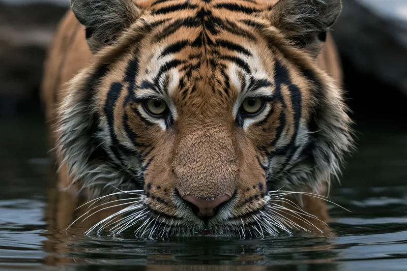 Bengal tiger lowering head to drink from dark still water