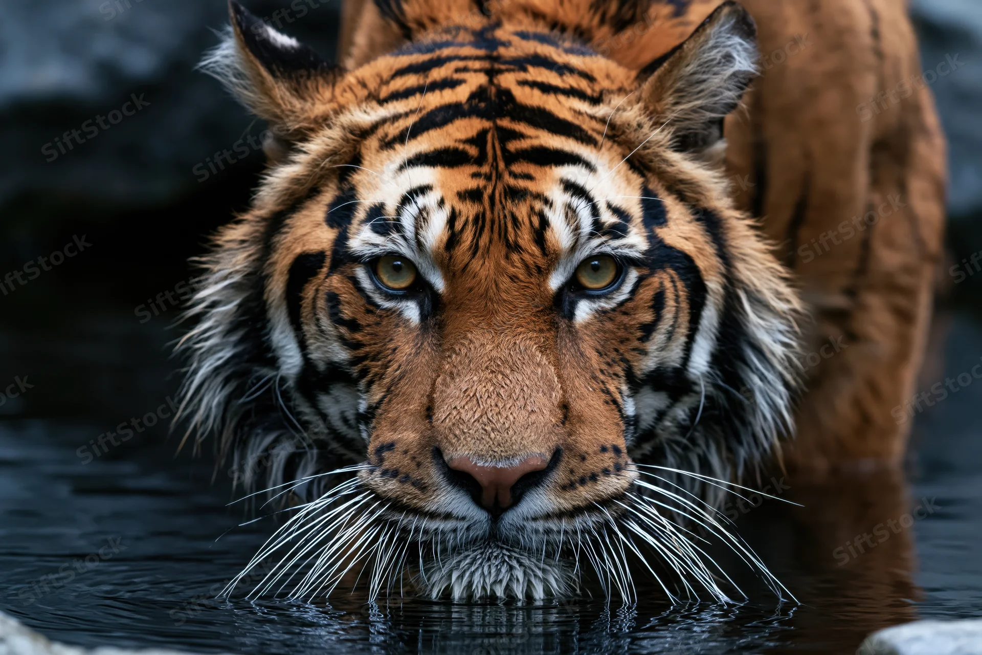 Bengal tiger lowering head to drink from dark still water